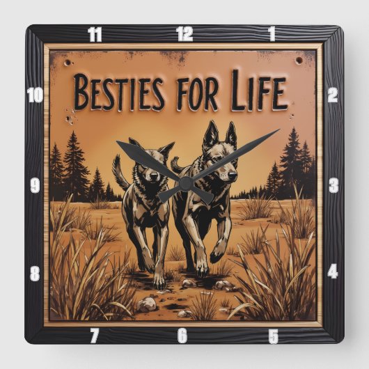 Engraved Dog Pair Outback Field Quadratische Wanduhr (Vorderseite)