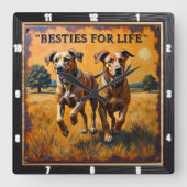 Engraved Dog Pair Sunset Field Quadratische Wanduhr (Vorderseite)