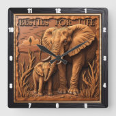 Engraved Elephant Mother Baby At Dust Quadratische Wanduhr (Vorderseite)