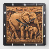 Engraved Elephant Mother Baby Quadratische Wanduhr (Vorderseite)