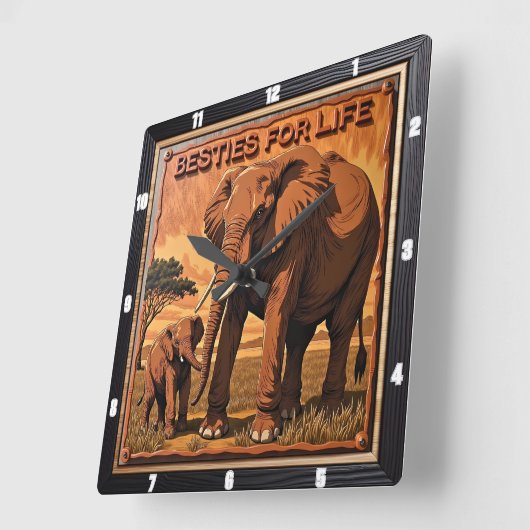 Engraved Elephant Sunset Savannah Quadratische Wanduhr (Winkel)