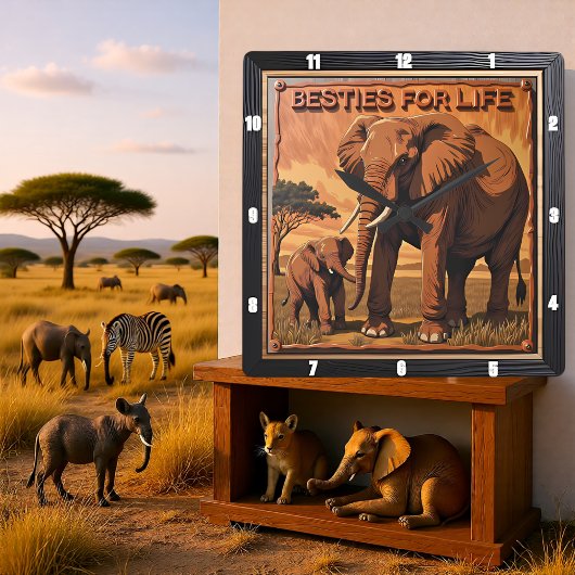 Engraved Elephant Sunset Savannah Quadratische Wanduhr