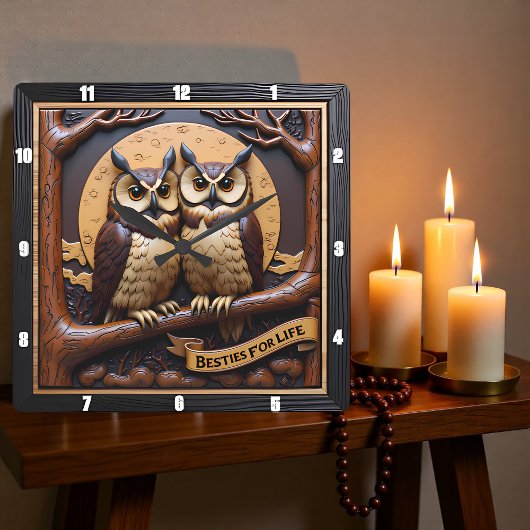Engraved Owls Branch Banner Brown Quadratische Wanduhr