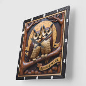 Engraved Owls Branch Banner Brown Quadratische Wanduhr (Winkel)