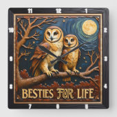 Engraved Owls Branch Full Moon Quadratische Wanduhr (Vorderseite)