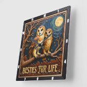 Engraved Owls Branch Full Moon Quadratische Wanduhr (Winkel)