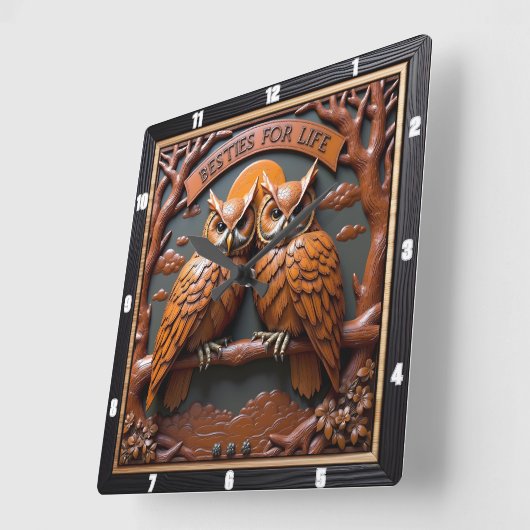 Engraved Owls Branch Orange Besties Quadratische Wanduhr (Winkel)