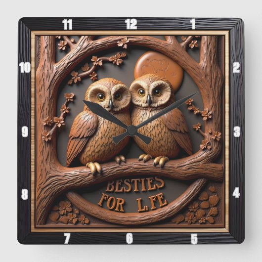 Engraved Owls Branch Round Frame Quadratische Wanduhr (Vorderseite)