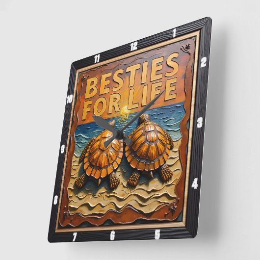 Engraved Turtle Pair Beach Sunset Quadratische Wanduhr (Winkel)