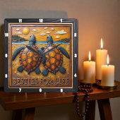 Engraved Turtle Pair Blue Shore Quadratische Wanduhr