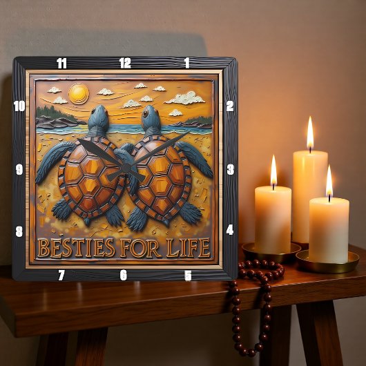 Engraved Turtle Pair Blue Shore Quadratische Wanduhr
