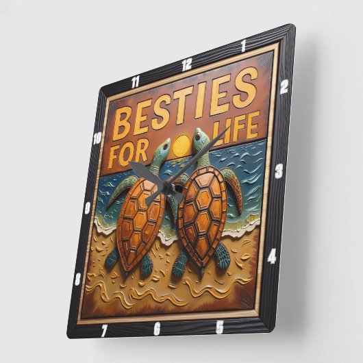 Engraved Turtle Pair Colorful Beach Quadratische Wanduhr (Winkel)