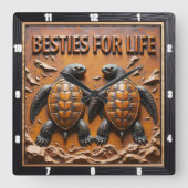 Engraved Turtle Pair Ocean Besties Quadratische Wanduhr (Vorderseite)