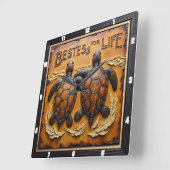 Engraved Turtle Pair Rough Water Quadratische Wanduhr (Winkel)