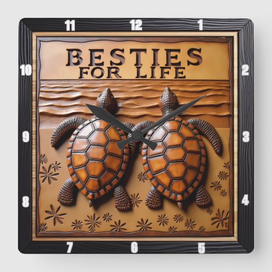 Engraved Turtle Pair Sand Flower Quadratische Wanduhr (Vorderseite)