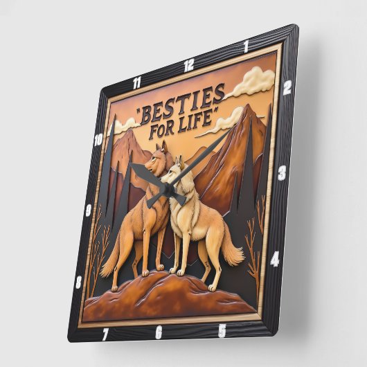 Engraved Wolf Pair Mountain Embrace Quadratische Wanduhr (Winkel)