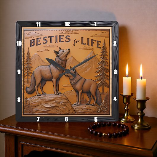 Engraved Wolf Pair Mountain Pine Quadratische Wanduhr