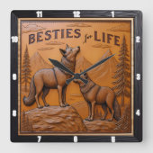 Engraved Wolf Pair Mountain Pine Quadratische Wanduhr (Vorderseite)