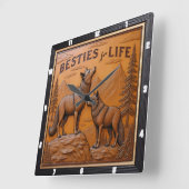 Engraved Wolf Pair Mountain Pine Quadratische Wanduhr (Winkel)