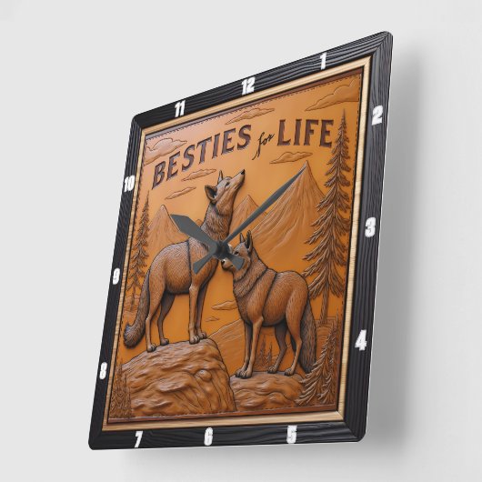 Engraved Wolf Pair Mountain Pine Quadratische Wanduhr (Winkel)