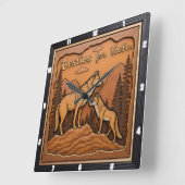 Engraved Wolf Pair Orange Mountain Quadratische Wanduhr (Winkel)