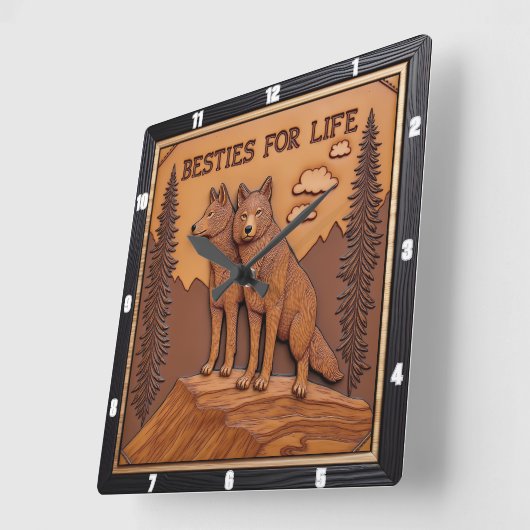 Engraved Wolf Pair Pine Forest Quadratische Wanduhr (Winkel)