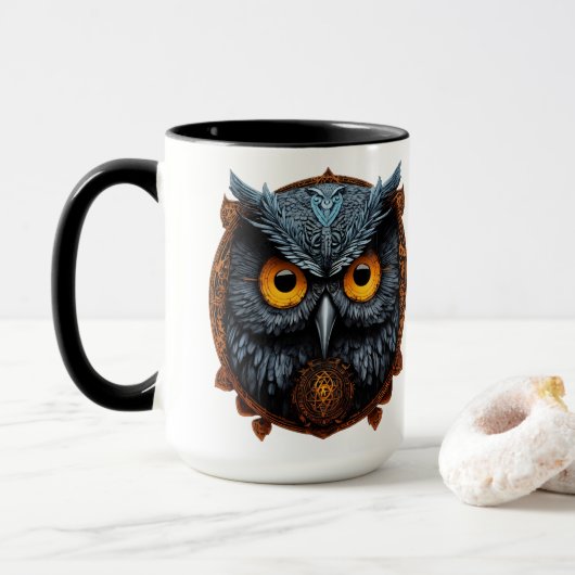 Enigma Ascendant: Apollyon Sigil Owl Weiße Tasse (Mit Donut)