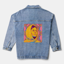 Enigmatic Brazilian Woman in Vibrant Pop Art Jeansjacke