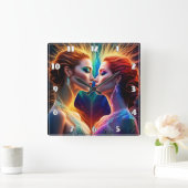 Enigmatische Dualität animierter rothaariger Model Quadratische Wanduhr (Zuhause)