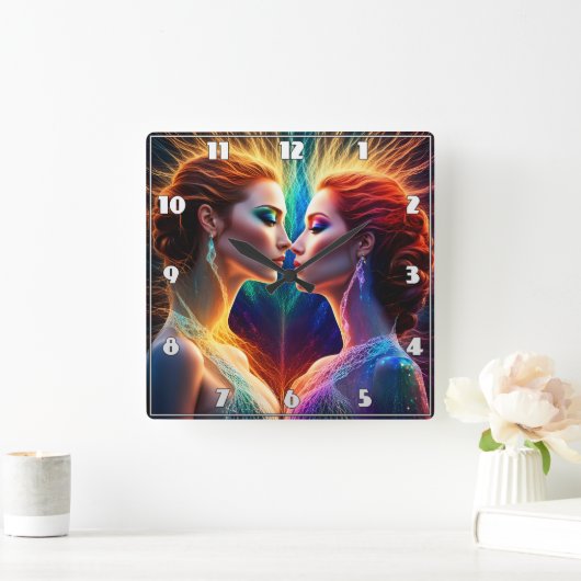 Enigmatische Dualität animierter rothaariger Model Quadratische Wanduhr (Zuhause)