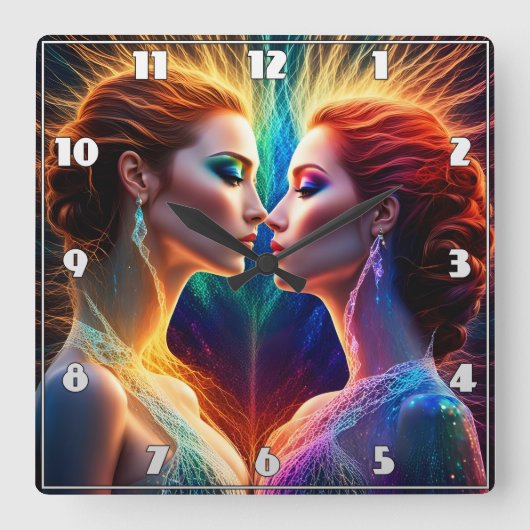 Enigmatische Dualität animierter rothaariger Model Quadratische Wanduhr (Vorderseite)