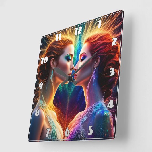 Enigmatische Dualität animierter rothaariger Model Quadratische Wanduhr (Winkel)