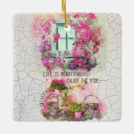 Enjoy The Ride Watercolor Bicycle With Flowers Keramikornament (Vorderseite)