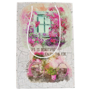 Enjoy The Ride Watercolor Bicycle With Flowers Mittlere Geschenktüte