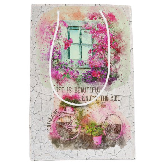 Enjoy The Ride Watercolor Bicycle With Flowers Mittlere Geschenktüte (Vorderseite)