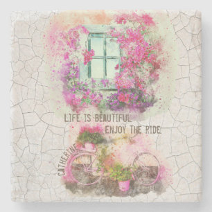 Enjoy The Ride Watercolor Bicycle With Flowers Steinuntersetzer