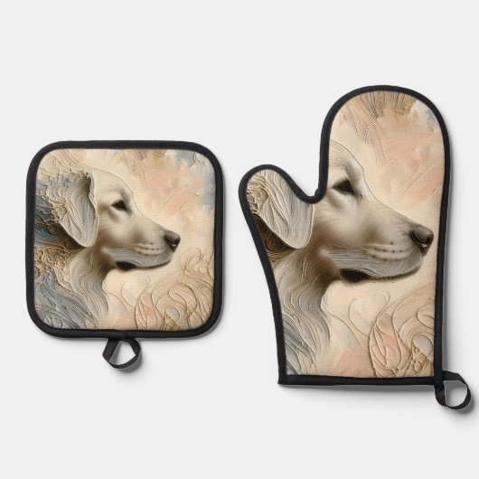 Enkaustischer Paint Portait eines Golden Retriever Ofenhandschuh & Topflappen-Set (Vorderseite)