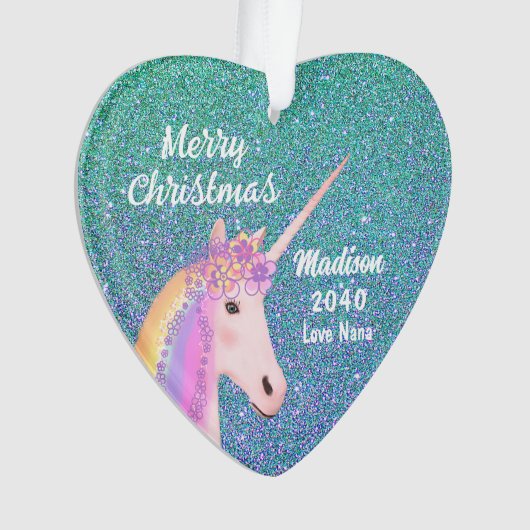 Enkelin Aquamarin Blue Glitzer Unicorn Name Herzst Ornament (Vorderseite)