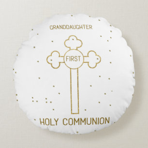 Enkelin Erste Heilige Kommunion Goldfarbener Kreuz Rundes Kissen