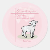 Enkelin Taufe Rosa Girl Lamm Name und Datum Runder Aufkleber (Vorderseite)