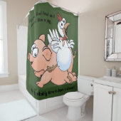 Enormes Cartoonschwein und -huhn auf einem Duschvorhang (Beispiel)