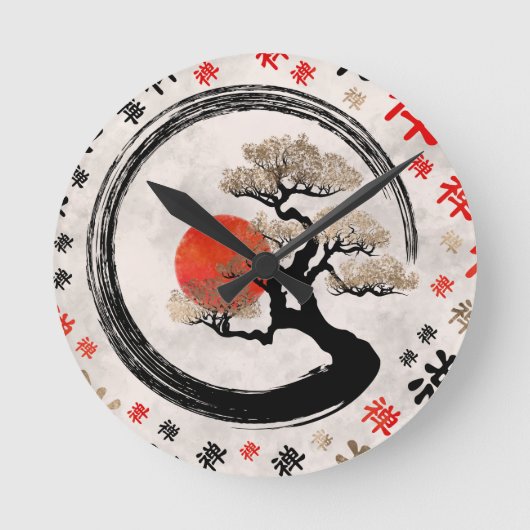 Enso Circle Bonsai Tree on Zen Symbol Muster Runde Wanduhr (Vorderseite)