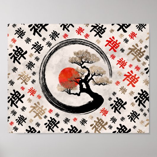 Enso Circle Bonsai Tree on Zen Symbol pattern Poster (Vorne)