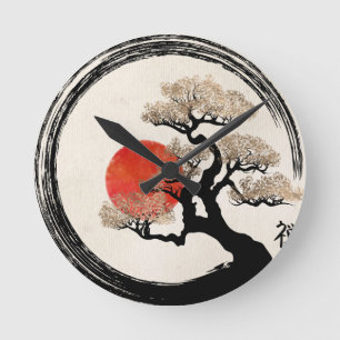 Enso Circle und Bonsai Tree auf Leinwand Runde Wanduhr
