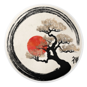 Enso Kreis und Bonsais-Baum auf Leinwand Keramikknauf