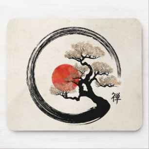 Enso Kreis und Bonsais-Baum auf Leinwand Mousepad