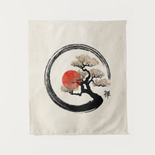 Enso Kreis und Bonsais-Baum auf Leinwand Wandteppich
