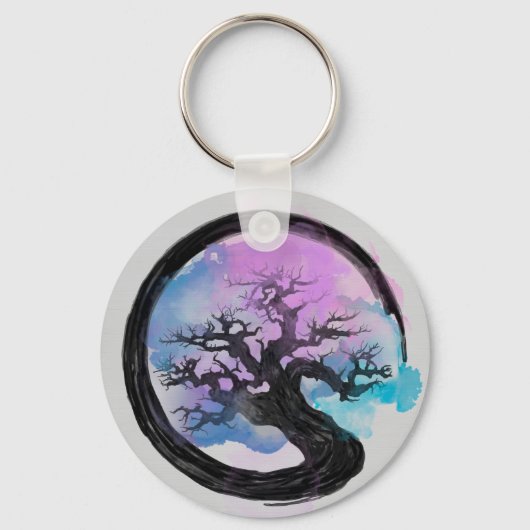 Enso Zen Circle and Bonsai Tree Alcohol Ink Schlüsselanhänger (Vorderseite)