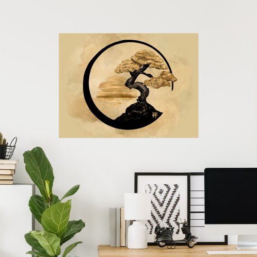 Enso Zen Circle Bonsai - Goldener Sonnenaufgang Poster (Heimbüro)