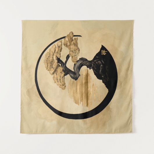 Enso Zen Circle Bonsai - Goldener Sonnenaufgang Wandteppich (Vorderseite)